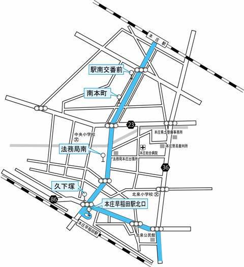 本庄寄居路線バスのルート案内の地図